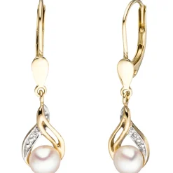 Boutons Ohrhänger 6,8x27,3mm Perlen & Diamanten 0.004Ct & 585 Gelbgold