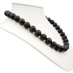 Breite Kette Halskette aus echter Lava mit Poren schwarz Ø 14mm 925 Silber 50cm