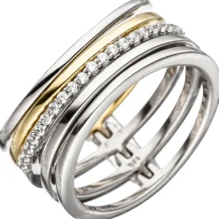 Breiter Ring Damenring 5-reihig mit Zirkonia weiß, 925 Silber teilvergoldet