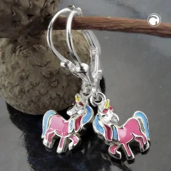 Brisur 26x8mm Ohrringe für Kinder Einhorn mit farbigen Lackeinlagen 925 Silber