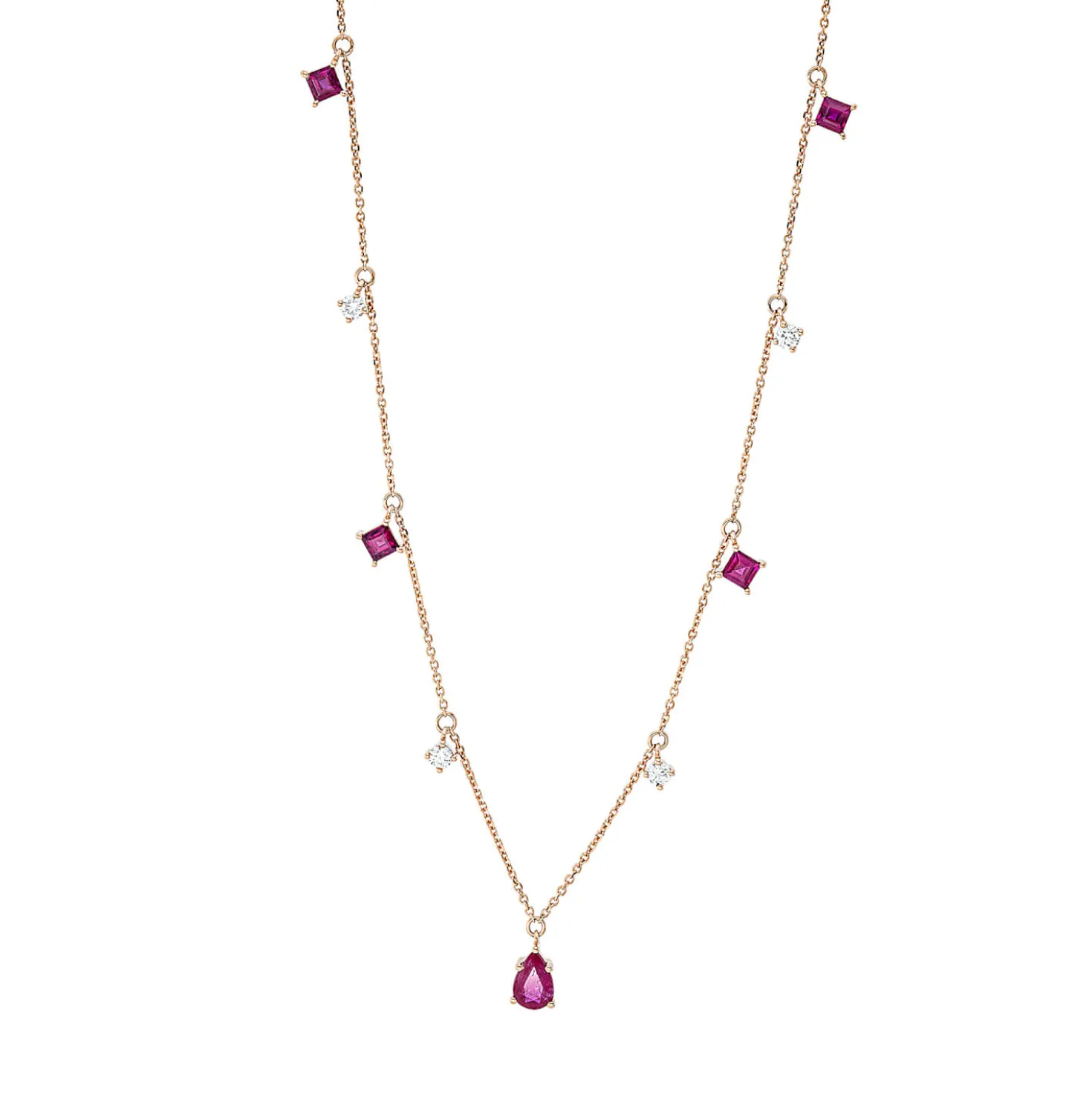 Collier aus 750 Rotgold 5 Rubine 1,1ct rot 4 Brillanten 0,2ct W-SI L:45cm