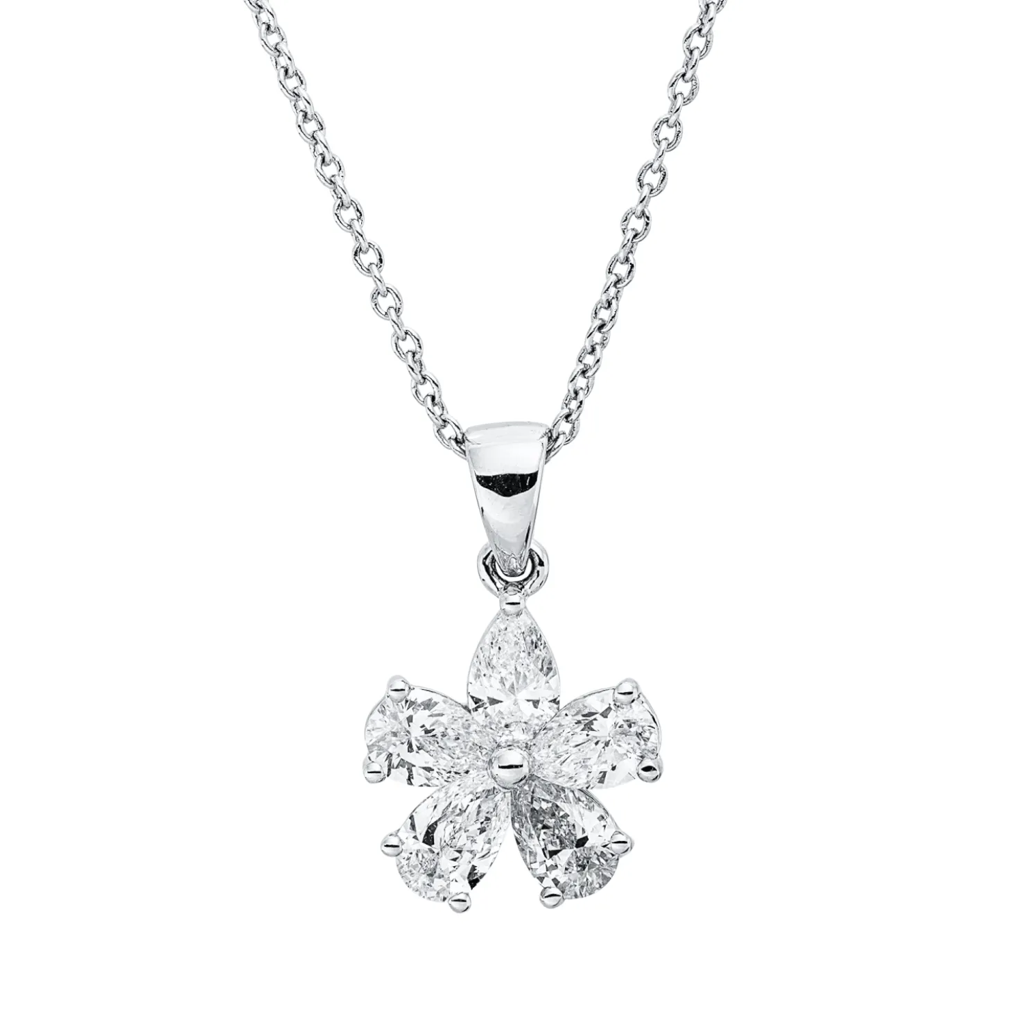 Collier aus 750 Weißgold 5 Diamanten Tropfen-Schliff 0,76ct TW-VSI L:45cm