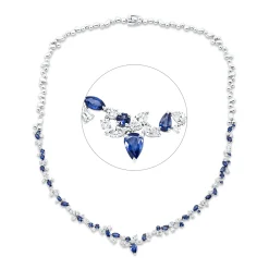 Collier aus 750 Weißgold 33 Saphire 6,53ct blau 58 Diamanten 4,4ct TW-SI L:45cm
