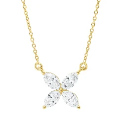 Collier Blume aus 750 Gelbgold 4 Diamanten Navette-Schliff 0,37ct TW-SI L:45cm