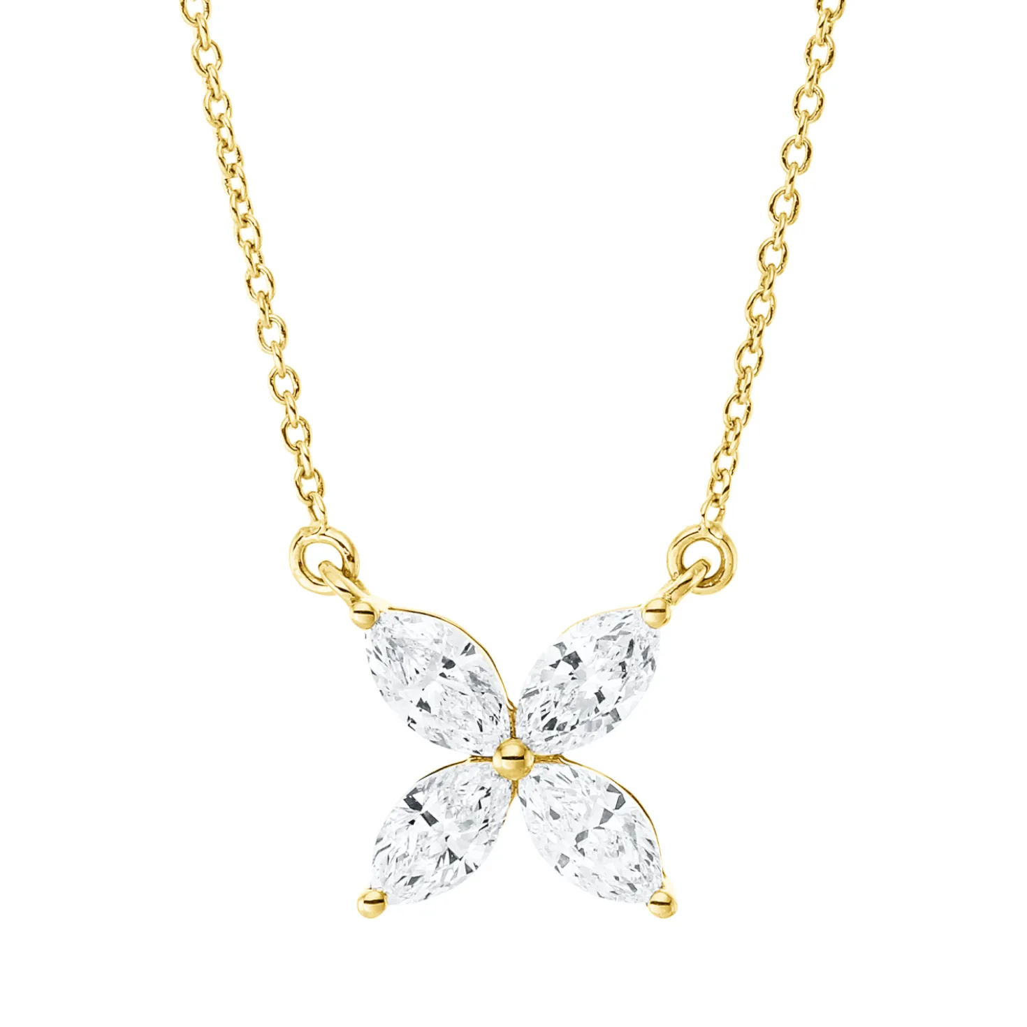 Collier Blume aus 750 Gelbgold 4 Diamanten Navette-Schliff 0,37ct TW-SI L:45cm