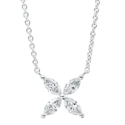 Collier Blume aus 750 Weißgold 4 Diamanten Navette-Schliff 0,41ct TW-SI L:45,7cm