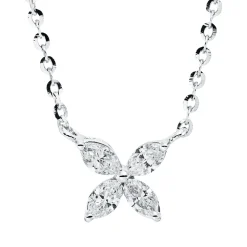 Collier Blume aus 750 Weißgold 4 Diamanten Navette-Schliff 0,36ct TW-VSI L:45,7cm