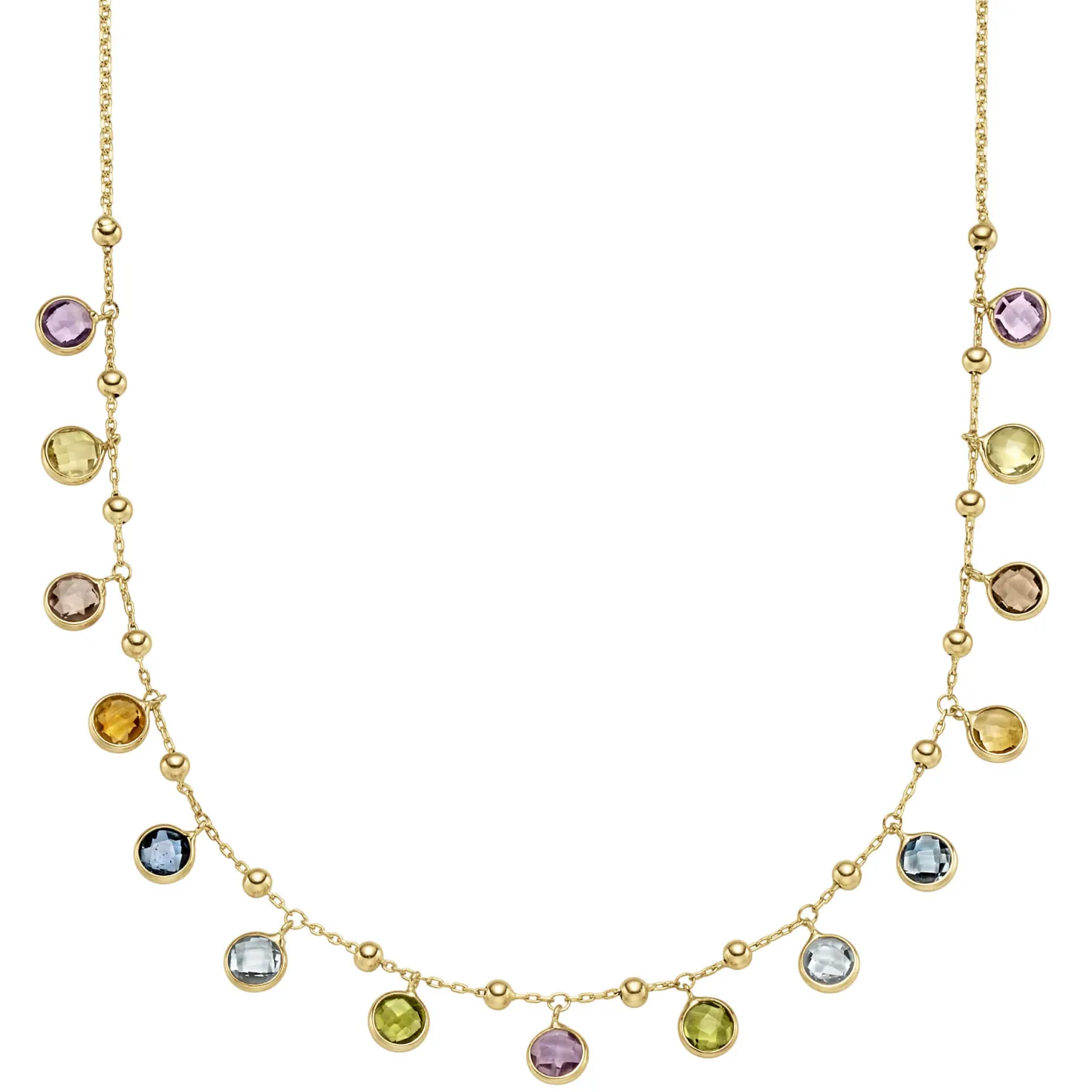 Collier 585 Gold Gelbgold mit Blautopas Amethyst Peridot Citrin Rauchquarz 45cm