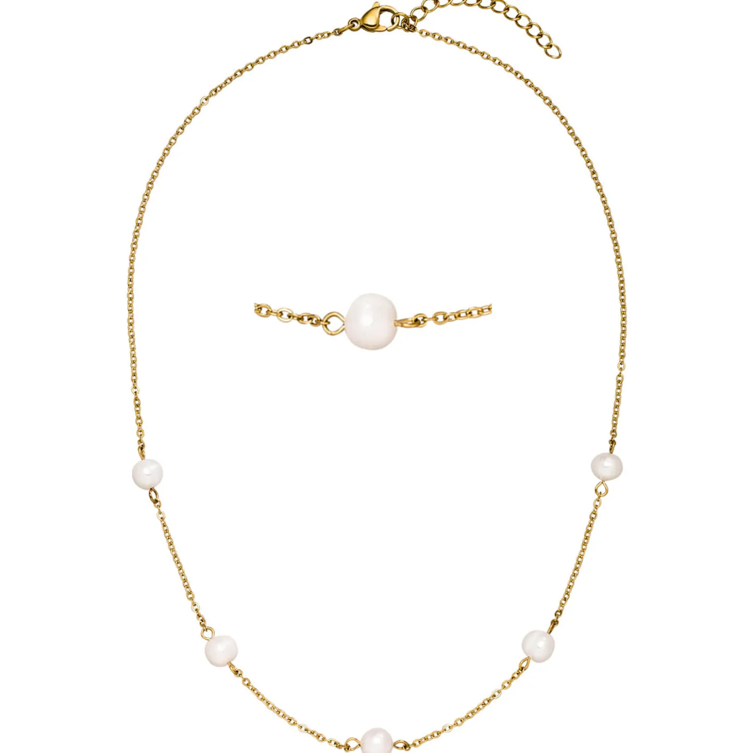 Collier Halskette aus Edelstahl vergoldet mit 5 Süßwasser Perlen weiß 42-46cm