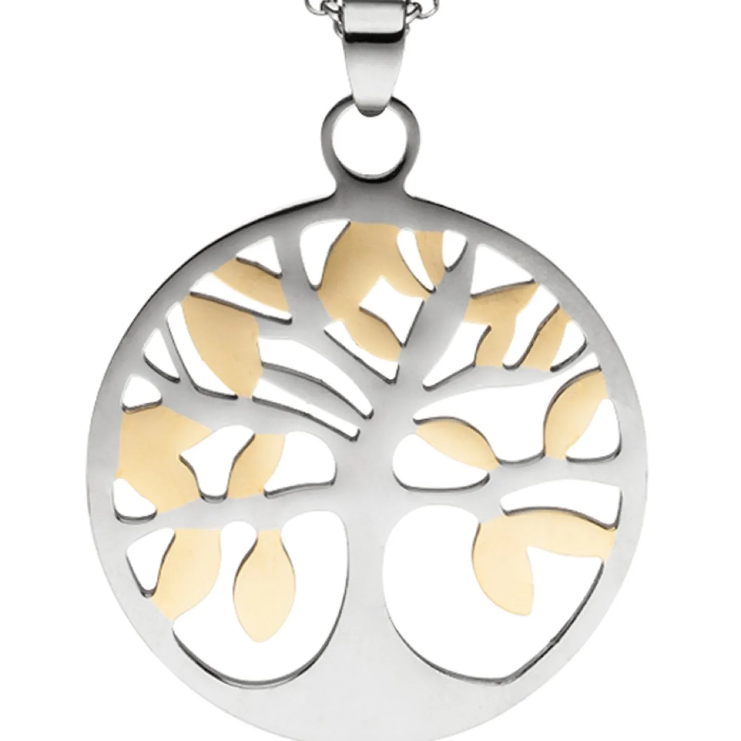 Collier Kette mit Anhänger Baum Lebensbaum aus Edelstahl mit Gelbgoldfarbe, 46cm