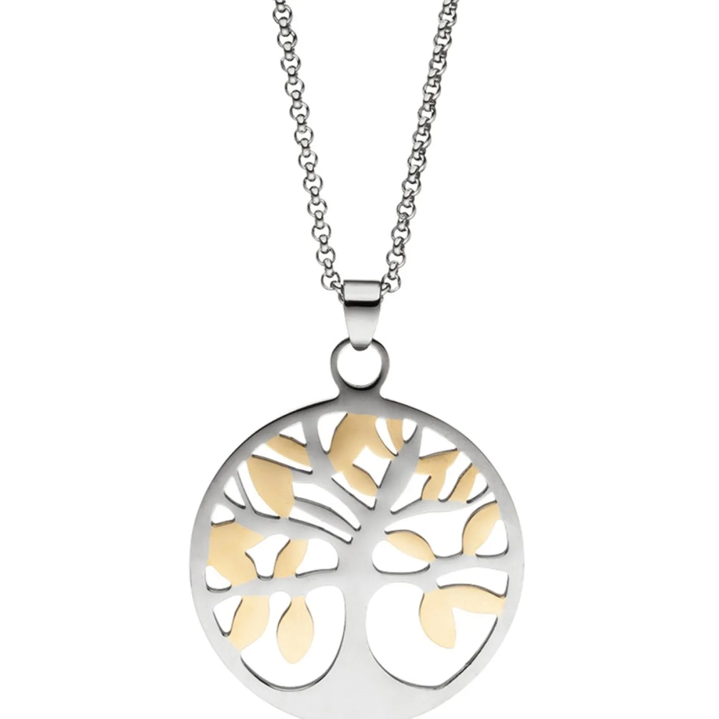 Collier Kette mit Anhänger Baum Lebensbaum aus Edelstahl mit Gelbgoldfarbe, 46cm