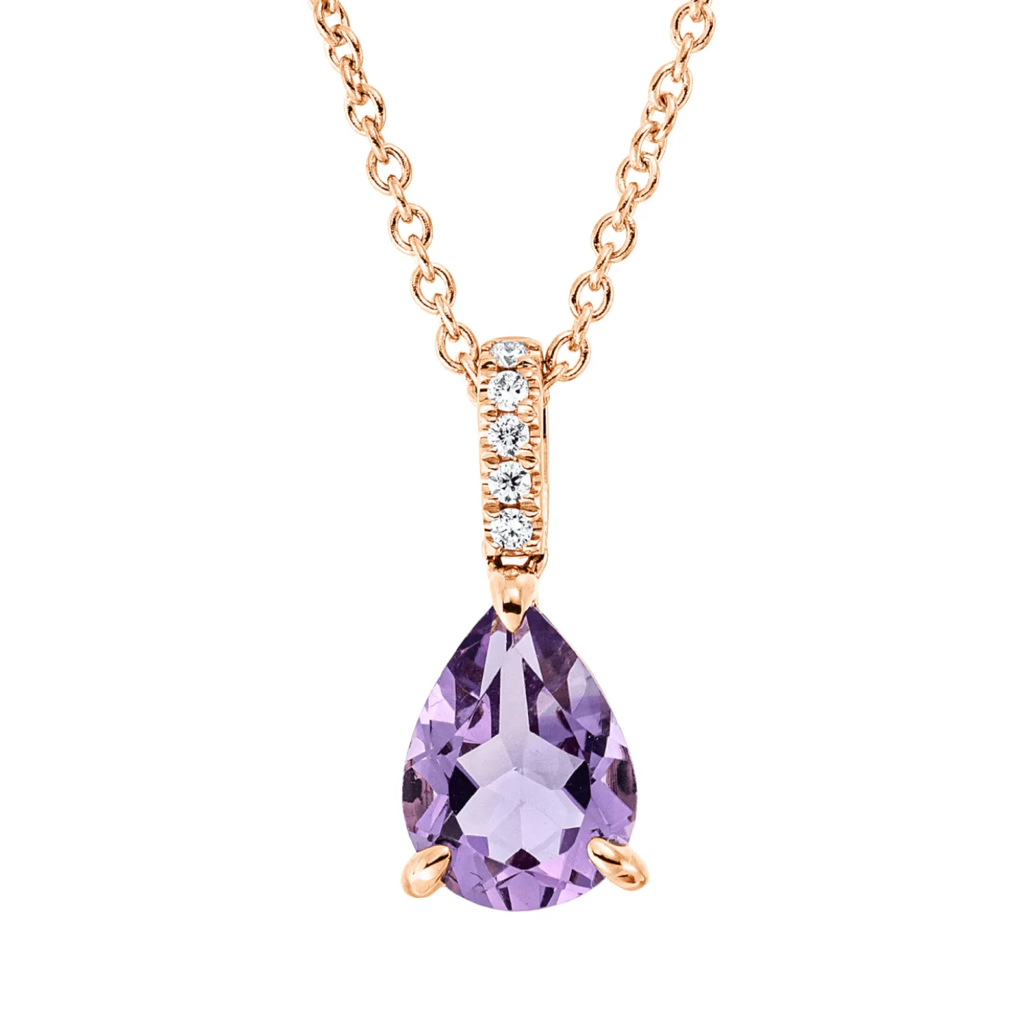 Collier Tropfen 750 Rotgold Amethyst 0,94ct pink 5 Brillanten 0,03ct TW-SI L:45cm