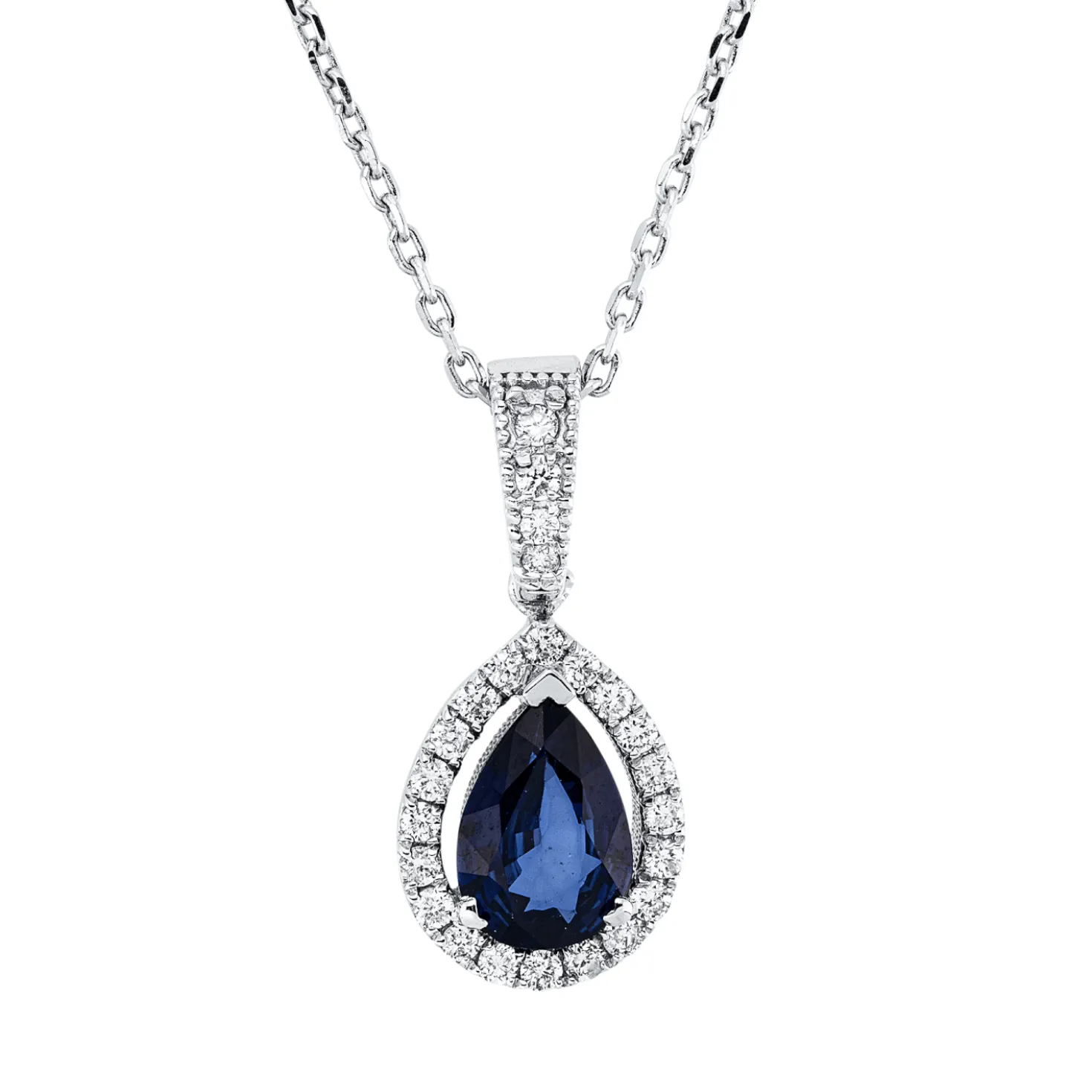Collier Tropfen 750 Weißgold Saphir 0,68ct blau 24 Brillanten 0,15ct F-SI L:45cm