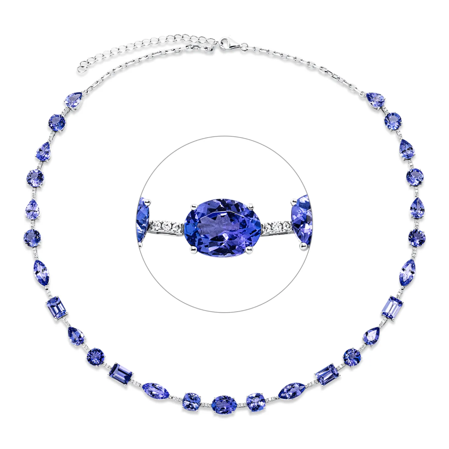 Collier 750 Weißgold 27 Tansanite 23,1ct blau 78 Brillanten 0,36ct F-VSI L:45,7cm