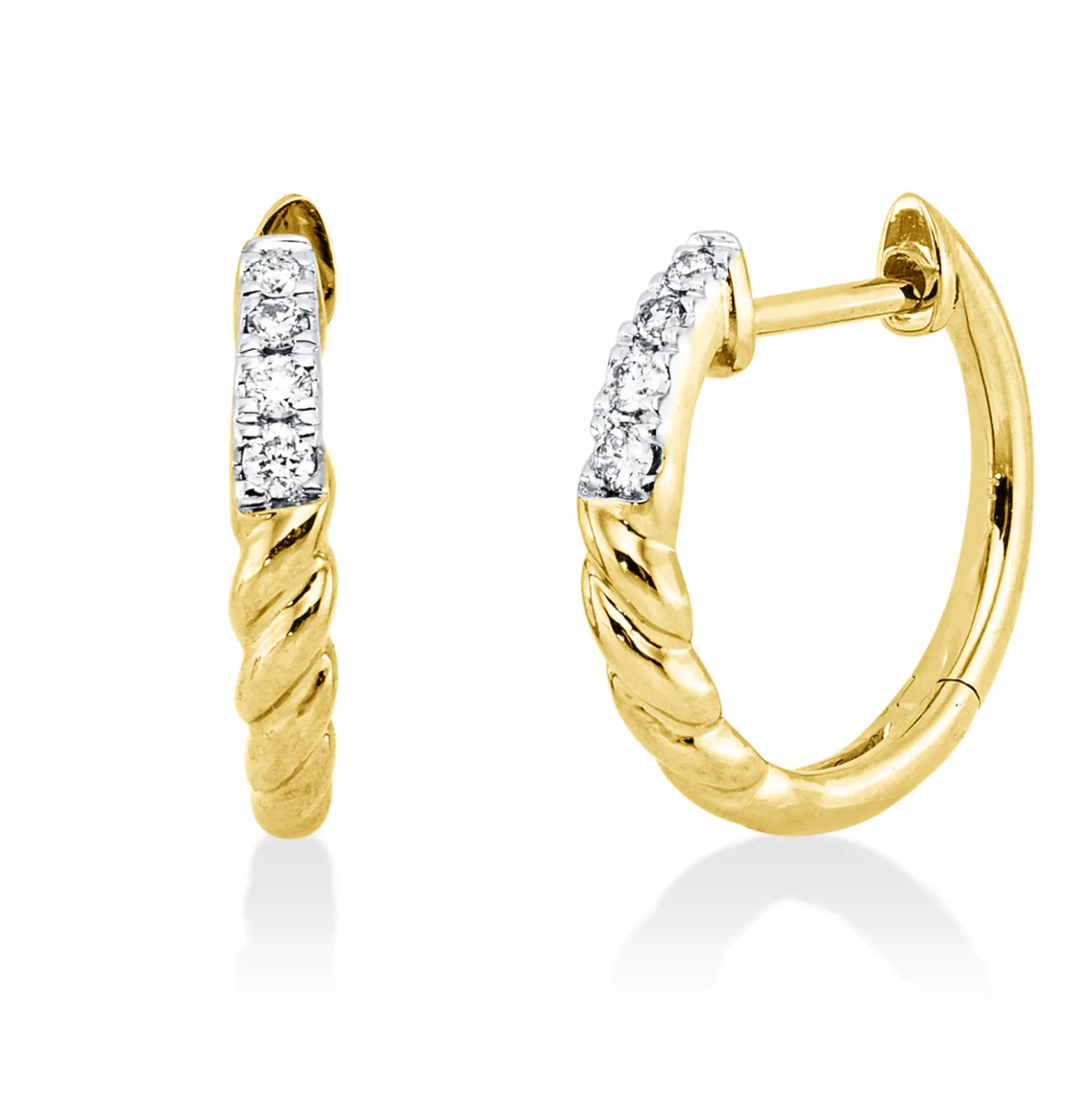 Creolen aus 750 Gelbgold 8 Brillanten 0,07ct TLB-SI 13,3x2,2mm Fassung rhodiniert