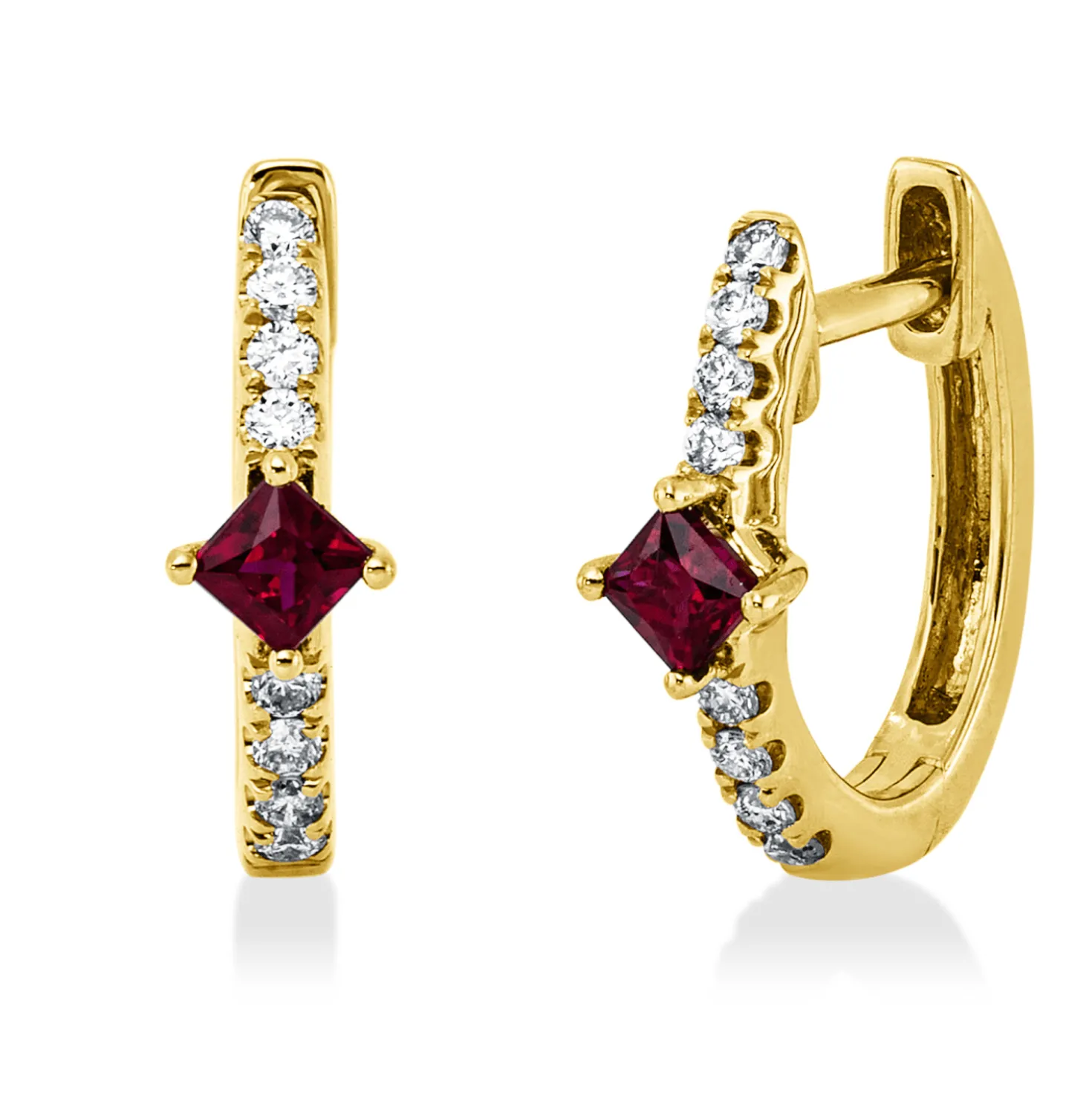 Creolen aus 750 Gelbgold 2 Rubine 0,22ct rot 16 Brillanten 0,14ct TW-SI 12,6x4mm