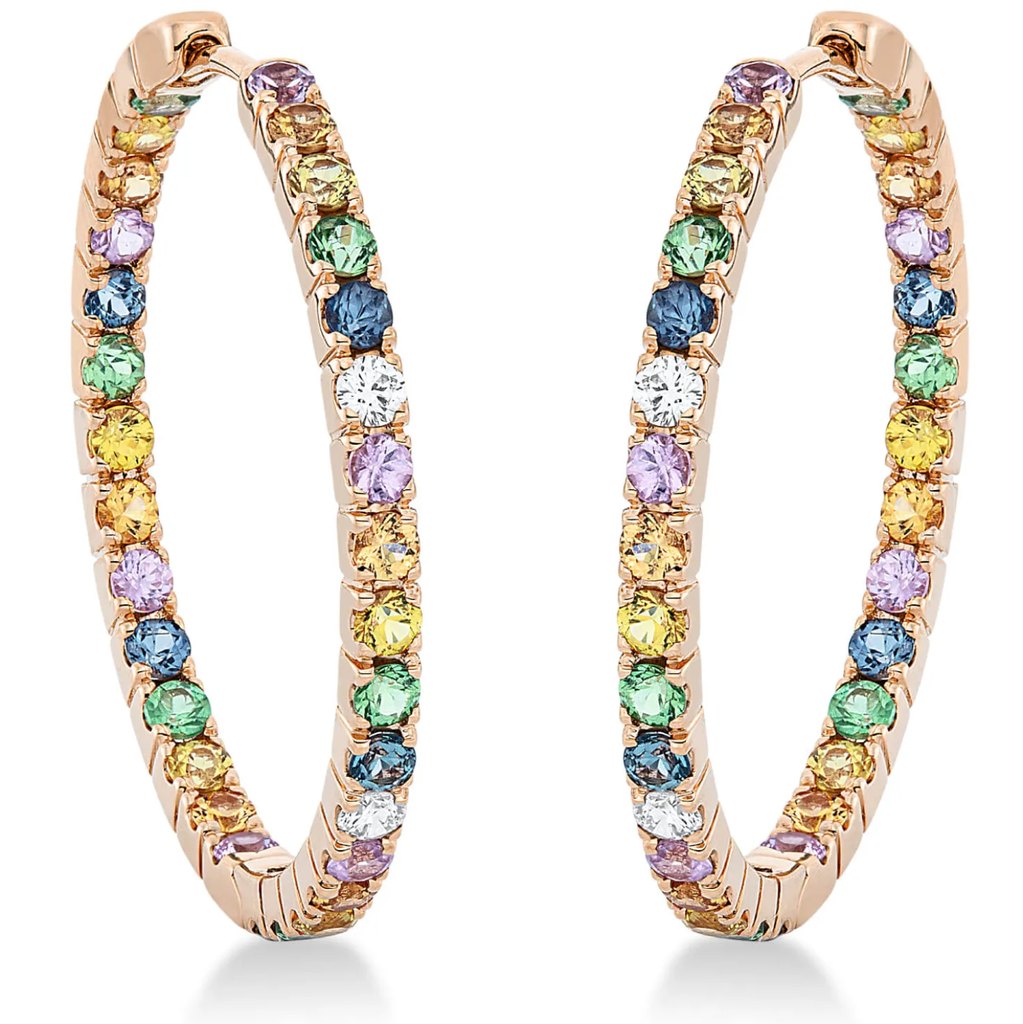 Creolen aus 750 Rotgold 58 Saphire 3,07ct mehrfarbig 4 Brillanten 0,15ct TW-VSI/SI
