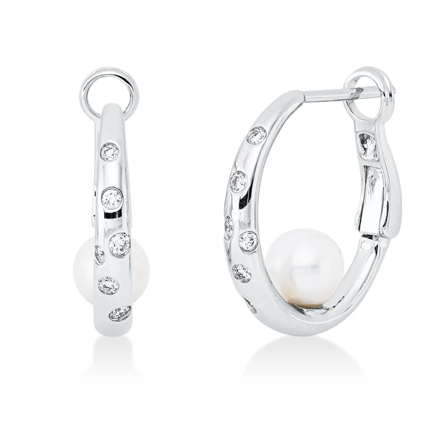 Creolen aus 585 Weißgold 2 Süßwasser-Perlen weiß 12 Brillanten 0,18ct TW-SI