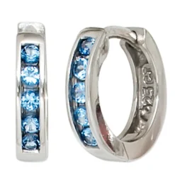 Creolen Creole Ohrringe aus 925 Silber mit 10 Zirkonia blau hellblau