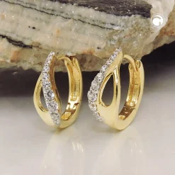 Creolen 13x5mm Klappcreolen, bicolor mit weißen Zirkonia, 375 Gold Gelbgold