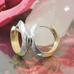 Creolen 14x3mm Ohrringe Ohrschmuck, glänzend bicolor, 375 Gold Gelbgold Weißgold