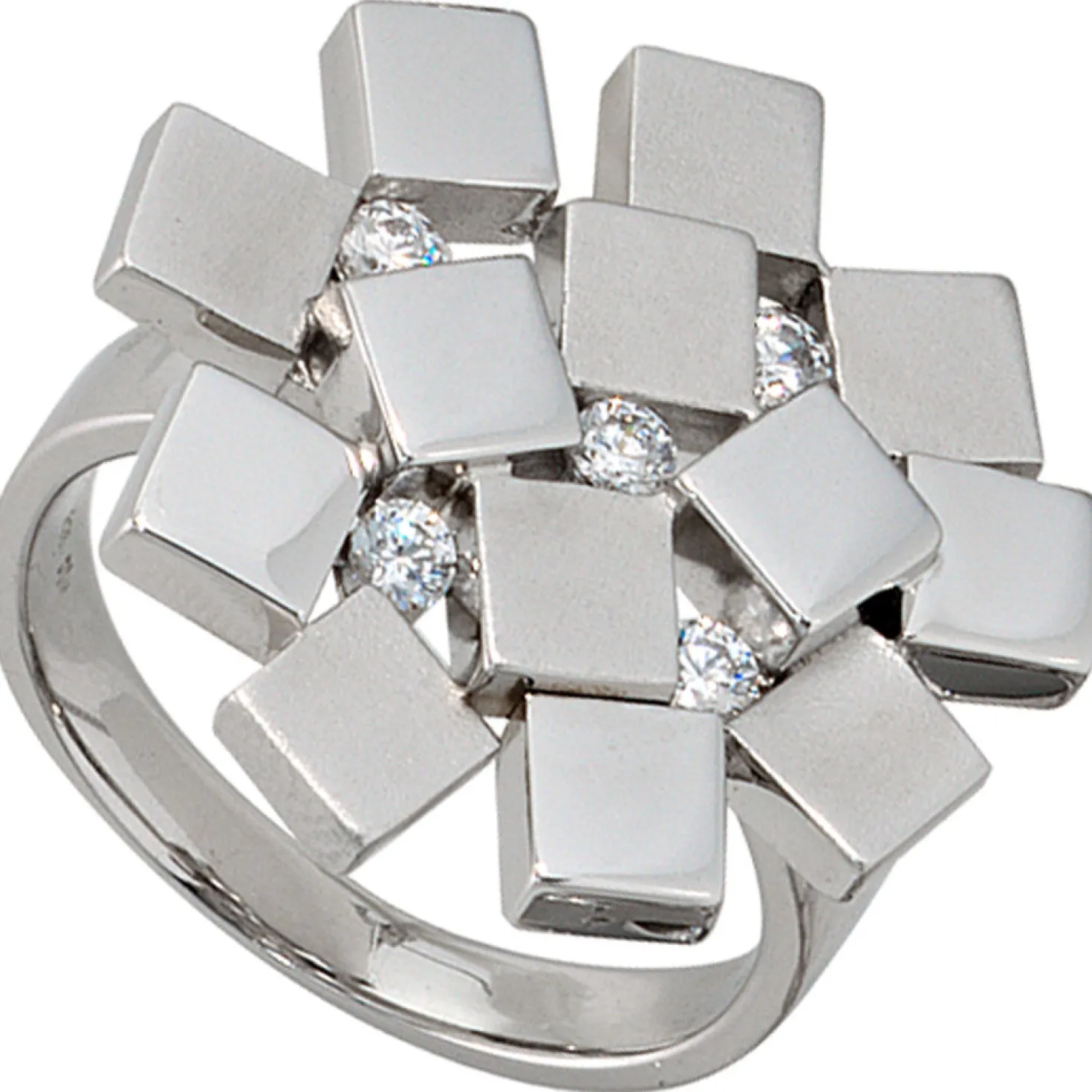 Damenring mit 5 Zirkonia, 925 Echt Silber Sterlingsilber, teilmattiert
