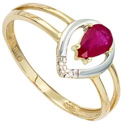 Damenring Ring mit Rubin & 3 Diamanten 0.015Ct W/P1 Brillanten 585 Gold Gelbgold
