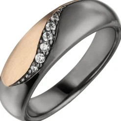 Damenring Ring mit 6 Zirkonia weiß, 925 Silber schwarz rhodiniert Fingerring