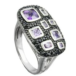 Damenring Zirkonia lila-schwarz flache Viereckform 925 Silber