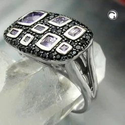 Damenring Zirkonia lila-schwarz flache Viereckform 925 Silber
