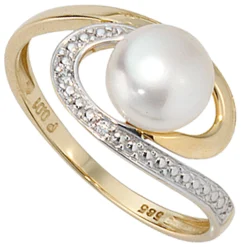 Damenring Zuchtperle & Diamanten 0.01Ct W/P1 Brillanten 585 Gold Gelbgold