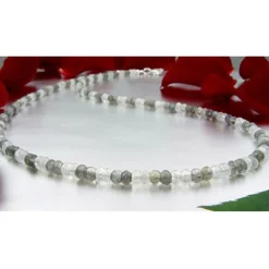 Edelsteinkette aus echtem Mondstein & Labradorit weiß-grau facettiert 925 Silber