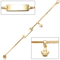 Goldarmband für Kinder Panzerkette Schildband mit Engel 585 Gold Gelbgold 14cm