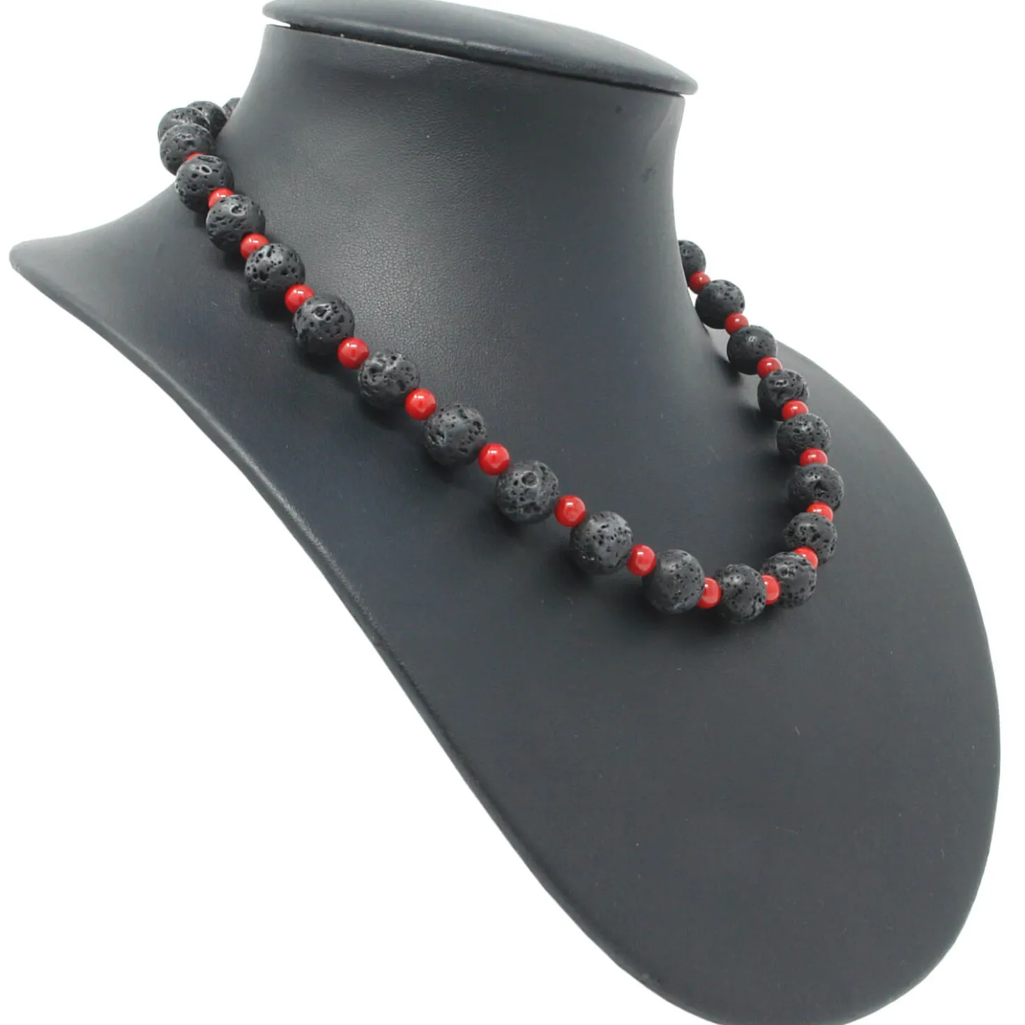 Halskette aus Lava & Koralle schwarz-rot 925 Silber 51cm Collier Halsschmuck
