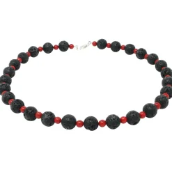 Halskette aus Lava & Koralle schwarz-rot 925 Silber 51cm Collier Halsschmuck