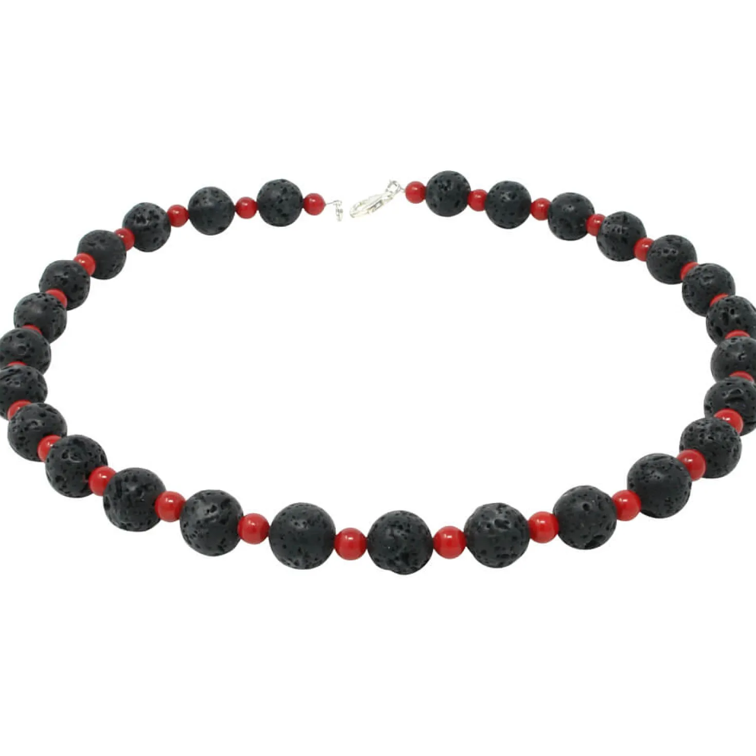 Halskette aus Lava & Koralle schwarz-rot 925 Silber 51cm Collier Halsschmuck