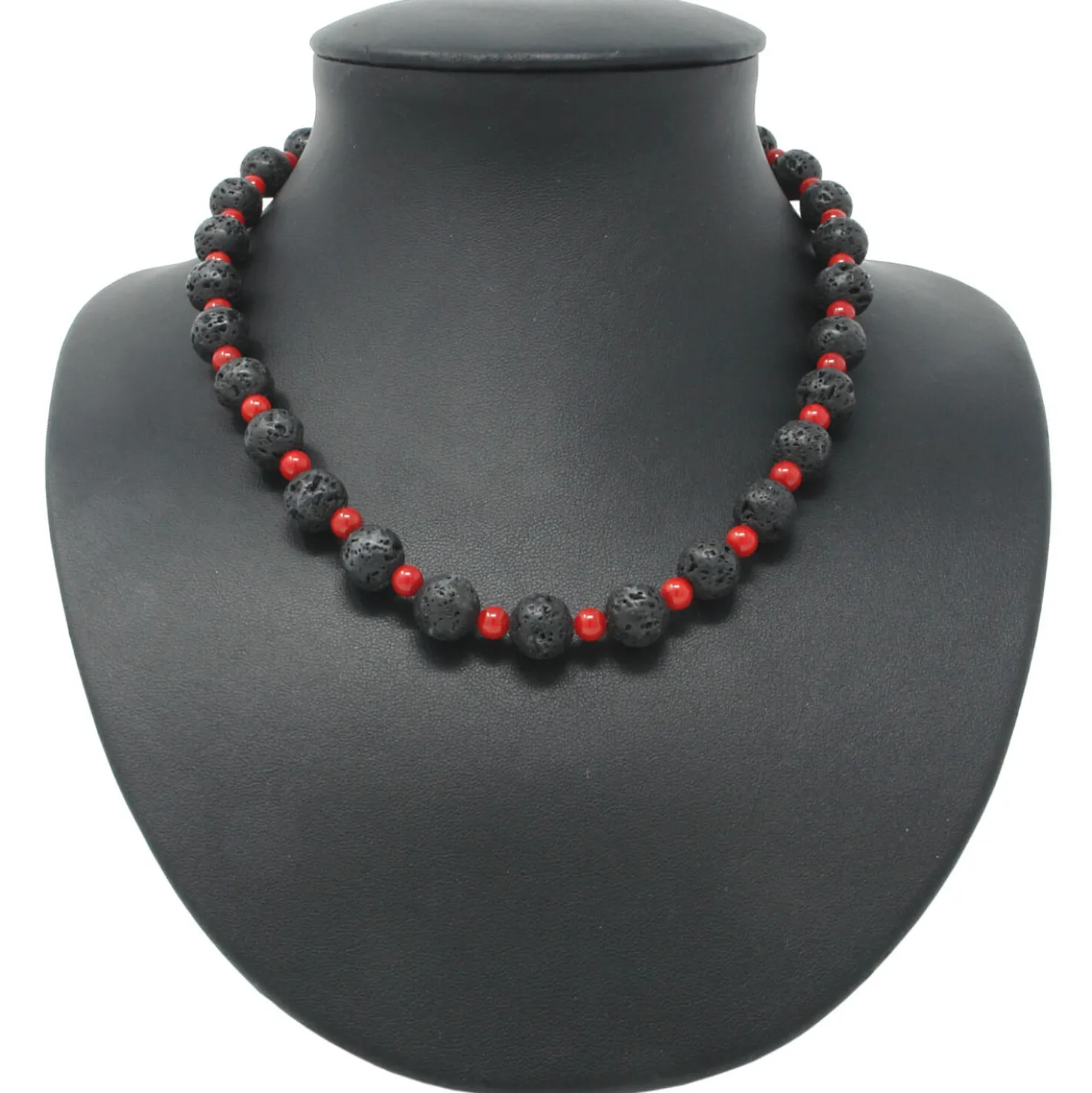 Halskette aus Lava & Koralle schwarz-rot 925 Silber 51cm Collier Halsschmuck