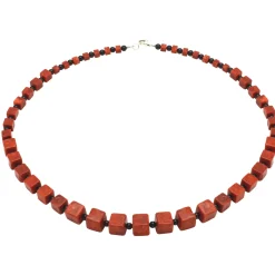 Halskette Collier im Verlauf aus Koralle Würfel Onyx 925 Silber rot-braun schwarz