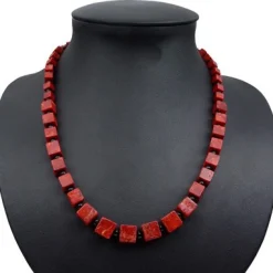 Halskette Collier im Verlauf aus Koralle Würfel Onyx 925 Silber rot-braun schwarz