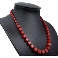 Halskette Collier im Verlauf aus Koralle Würfel Onyx 925 Silber rot-braun schwarz
