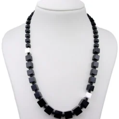 Halskette Collier im Verlauf aus Onyx schwarz 925 Silber rhodiniert Würfel 50cm