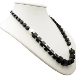 Halskette Collier im Verlauf aus Onyx schwarz 925 Silber rhodiniert Würfel 50cm