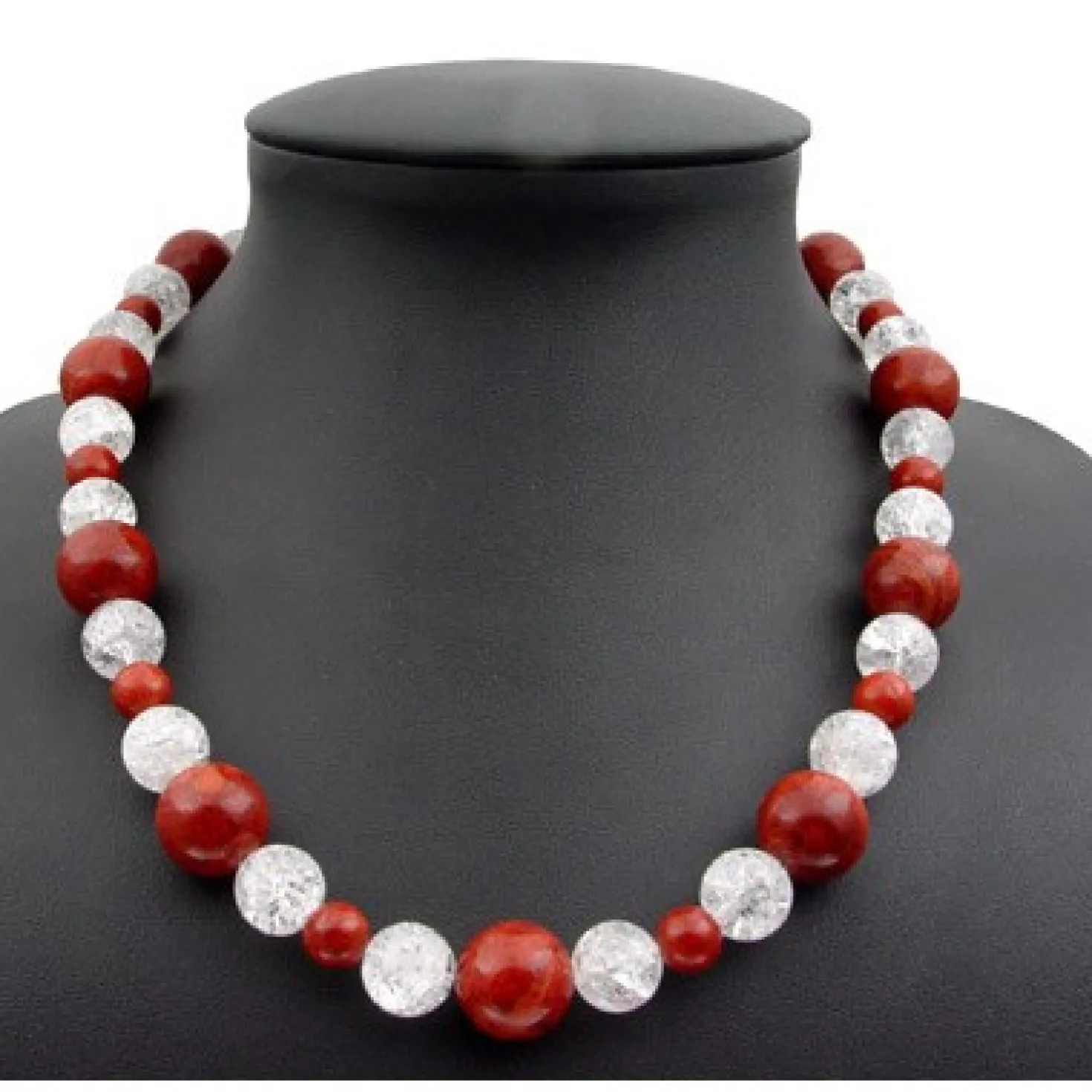 Halskette Collier Koralle Schaumkoralle & Bergkristall braun-rot-weiß 925 Silber