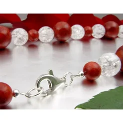 Halskette Collier Koralle Schaumkoralle & Bergkristall braun-rot-weiß 925 Silber