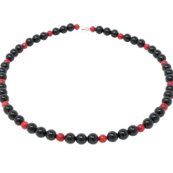 Halskette Kette aus Onyx & Koralle & 925 Silber, schwarz-rot