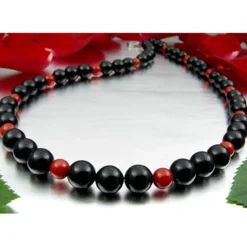 Halskette Kette aus Onyx & Koralle & 925 Silber, schwarz-rot