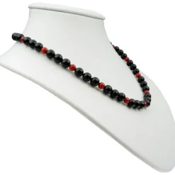 Halskette Kette aus Onyx & Koralle & 925 Silber, schwarz-rot