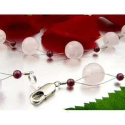 Halskette Kette Collier aus Rosenquarz & Granat & 925 Silber rose weinrot