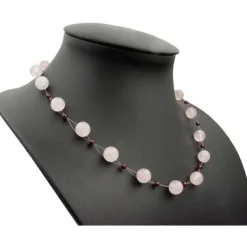 Halskette Kette Collier aus Rosenquarz & Granat & 925 Silber rose weinrot