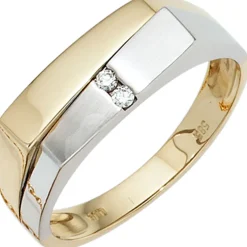 Herrenring Ring mit 2 Diamanten 0.05Ct Brillanten 585 Gold Gelbgold Weißgold